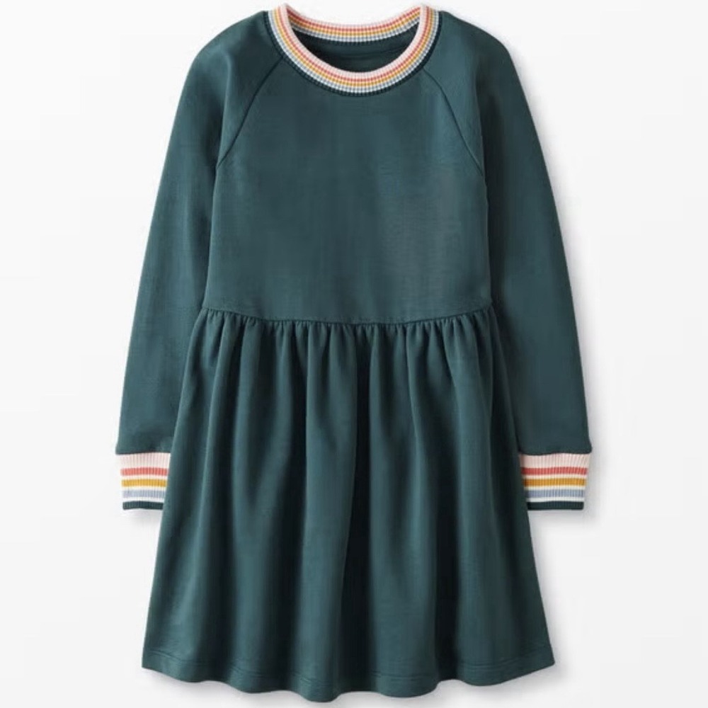 Hanna Andersson Long Sleeve Skater Dress Rainbow Cuff Solid FT Green Size 5/110